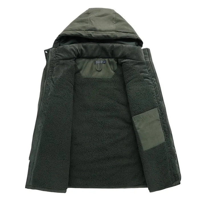 Olive green men's winter parka with a plush, dark fleece-lined interior, detachable hood, and internal storage pocket.