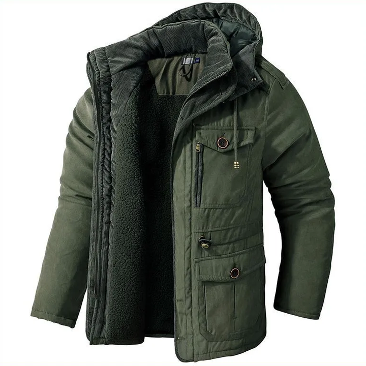 Olive green men's winter parka with a plush fleece lining, detachable hood, and multiple utility pockets.