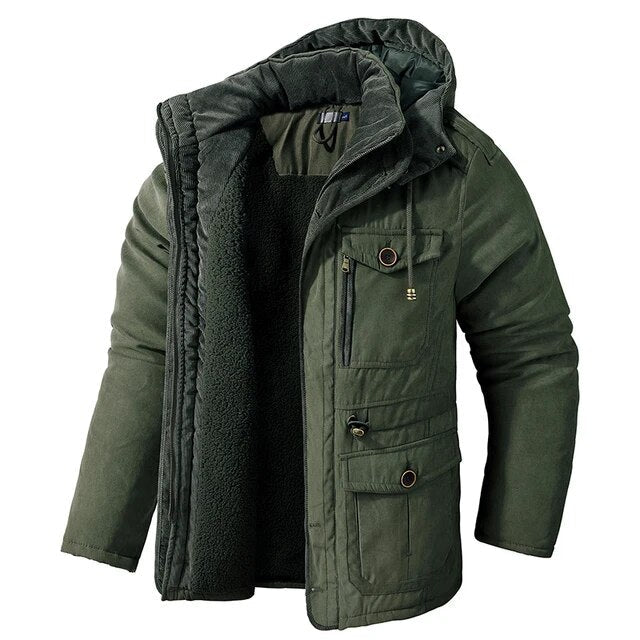Olive green men's winter parka with a plush fleece lining, detachable hood, and multiple utility pockets.