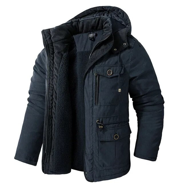 Navy blue men's winter parka with a plush fleece lining, detachable hood, and multiple utility pockets with button closures.