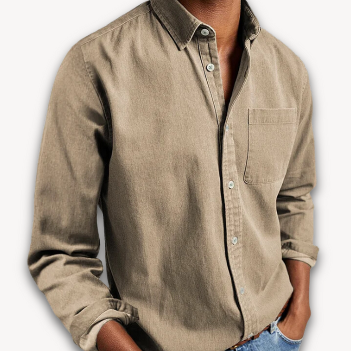 Men's long-sleeve button-up shirt in taupe with a classic collar, chest pocket, and relaxed fit.