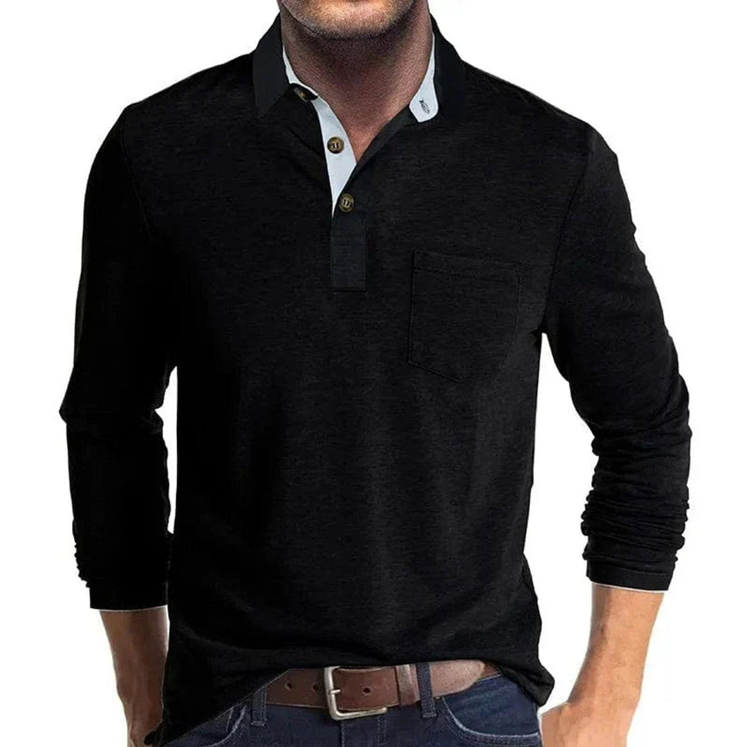 Black long-sleeve polo shirt with a contrast white collar, two-button placket, and a functional chest pocket.