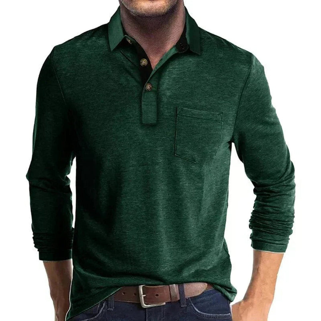 Men's long sleeve dark green polo shirt with a contrast black collar, two-button placket, and a chest pocket.
