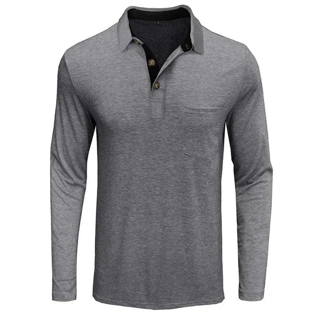Grey long-sleeve polo shirt with a contrast black collar, two-button placket, and a functional chest pocket.