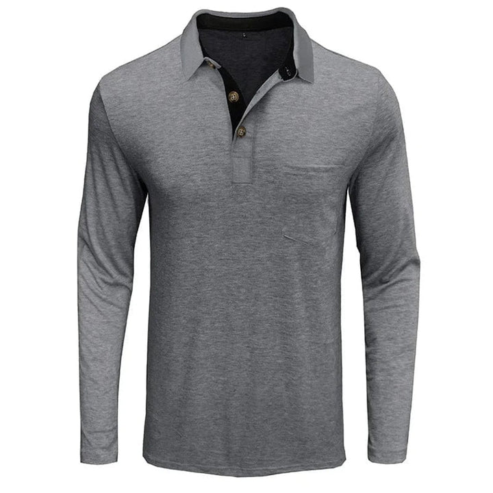 Grey long-sleeve polo shirt with a contrast black collar, two-button placket, and a functional chest pocket.