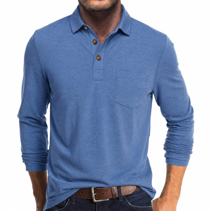 Blue long-sleeve polo shirt featuring a two-button placket, contrast collar, and a chest pocket on a slim-fit silhouette.