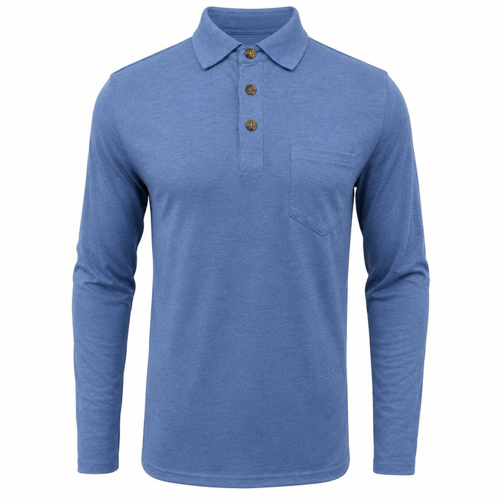 Blue long-sleeve polo shirt featuring a contrast collar, three-button placket, and a functional chest pocket.