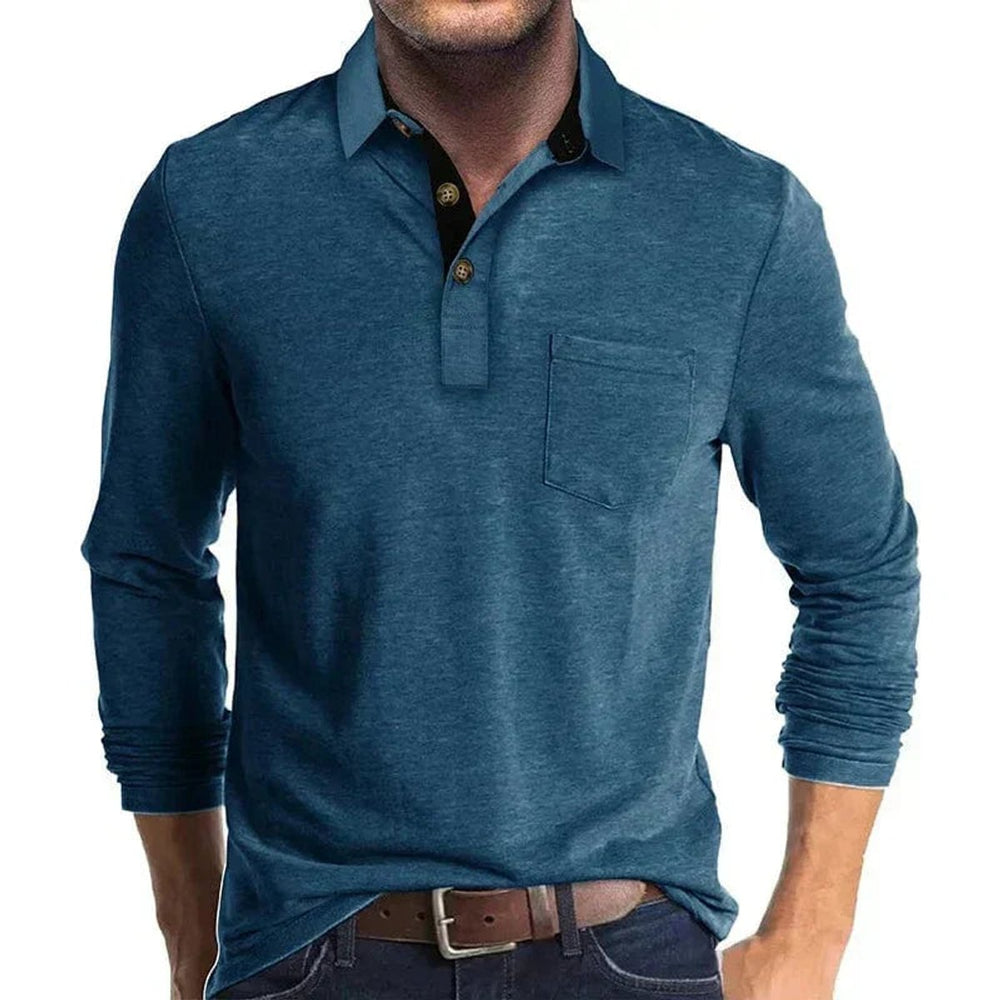 Blue long-sleeve polo shirt featuring a contrast black collar, two-button placket, and a functional chest pocket.