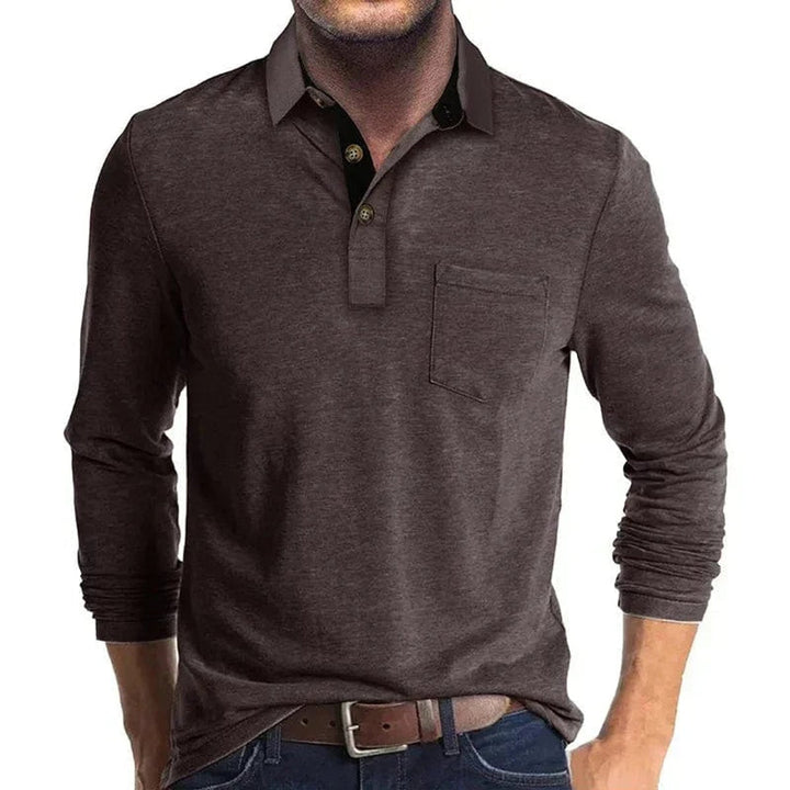 Men's long-sleeve brown polo shirt featuring a contrast collar, two-button placket, and a functional chest pocket.