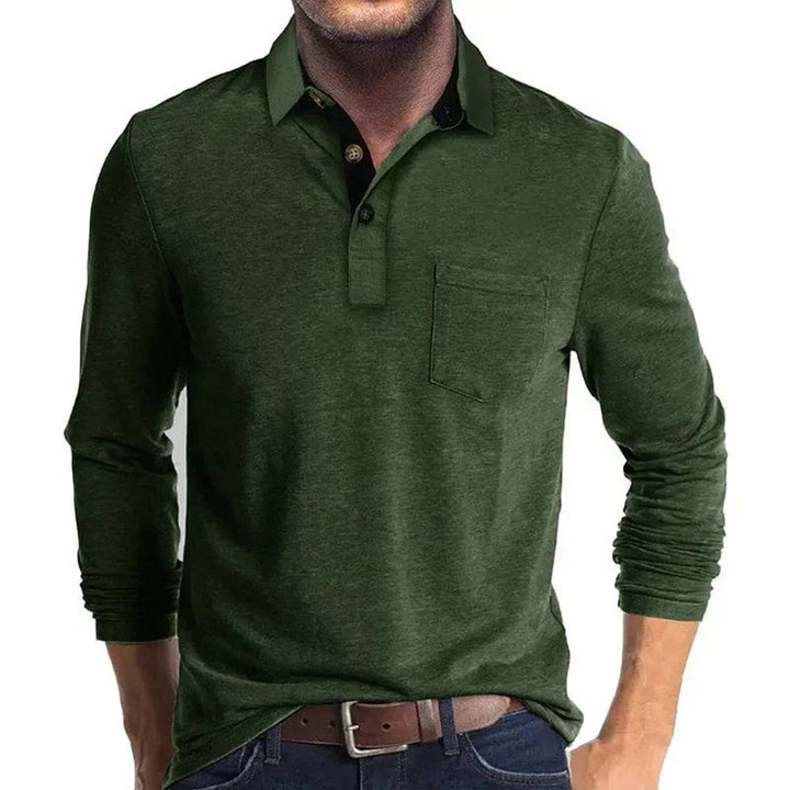Men's long-sleeve olive green polo shirt with a black contrast collar, two-button placket, and a chest pocket.