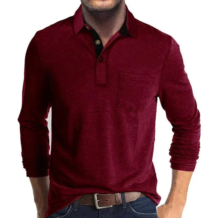 Men's long sleeve burgundy polo shirt with a black contrast collar, two-button placket, and a chest pocket.