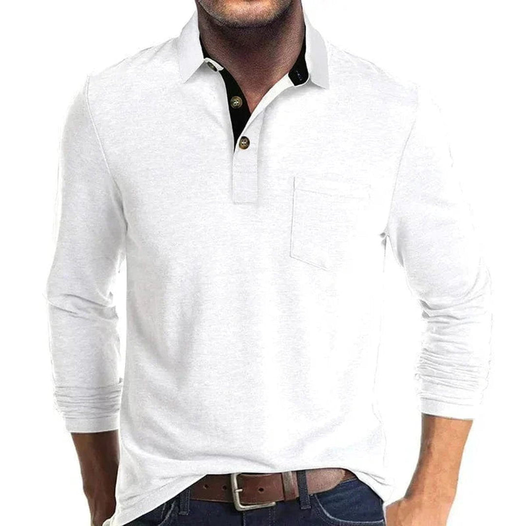 White long-sleeve polo shirt featuring a contrast black inner collar, two-button placket, and a chest pocket.