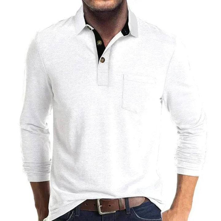 White long-sleeve polo shirt featuring a contrast black inner collar, two-button placket, and a chest pocket.
