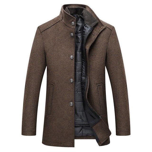 Brown wool-look men's winter coat with a stand-up collar, button front, and insulated black quilted inner lining.