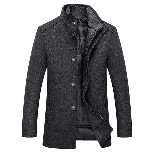 Charcoal grey men's wool-look winter coat with a stand-up collar, button front, and insulated quilted inner lining.