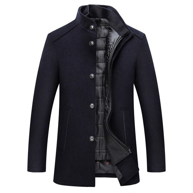 Navy blue men's wool-look winter coat with a stand-up collar, button front, and a quilted inner zip-up lining.