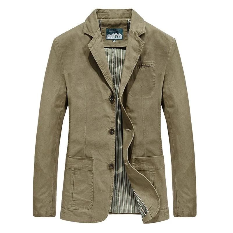 Olive green cotton casual blazer with a three-button front, notch lapels, patch pockets, and a striped interior lining.
