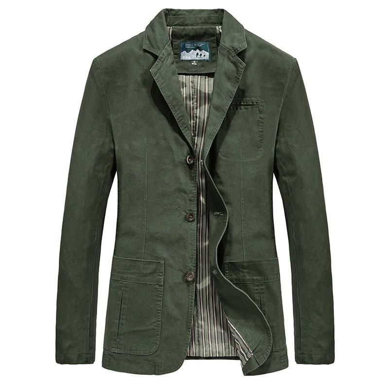 Olive green cotton casual blazer with a three-button front, notch lapels, patch pockets, and a striped inner lining.