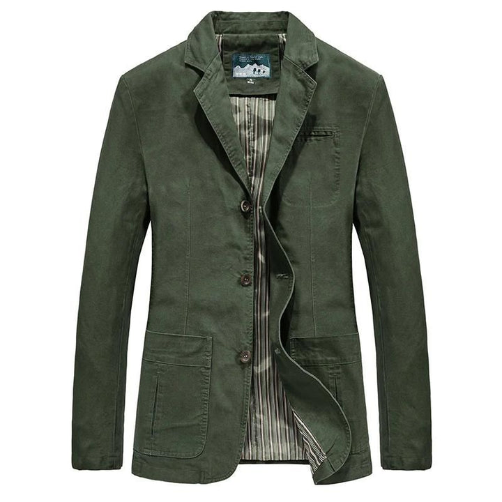 Olive green cotton casual blazer with a three-button front, notch lapels, patch pockets, and a striped inner lining.