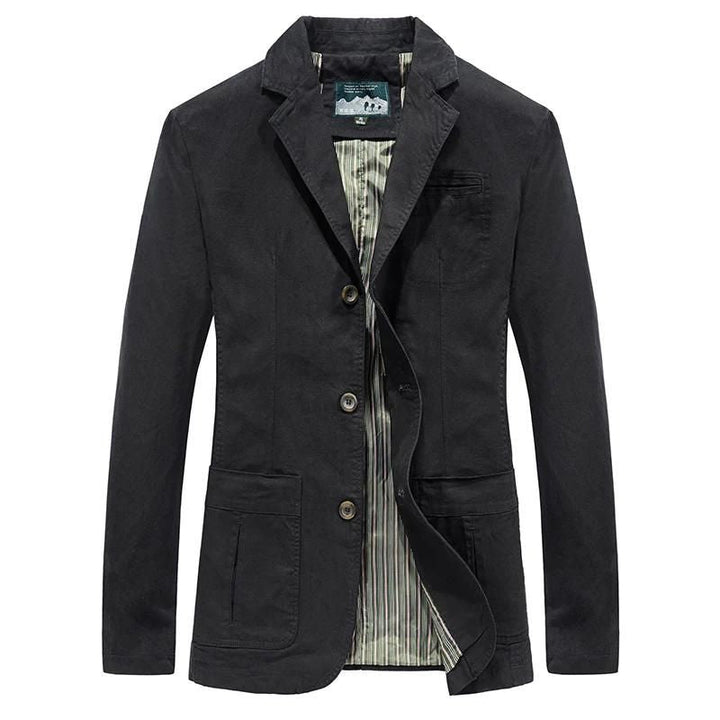 Black cotton casual blazer with a three-button front, notch lapels, and practical patch pockets with striped lining.
