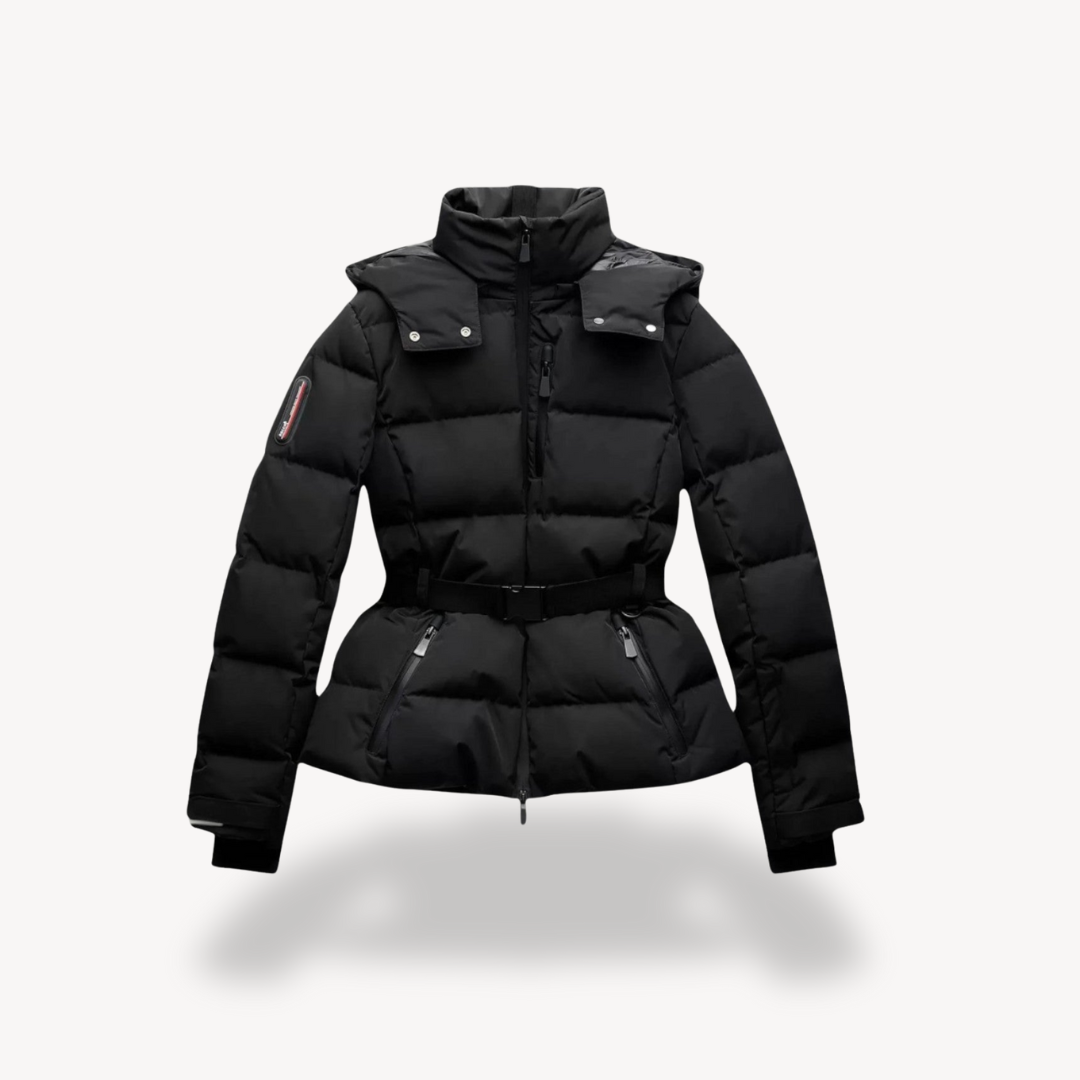 Black quilted puffer jacket with a cinched belted waist, high funnel neck, and detachable hood.
