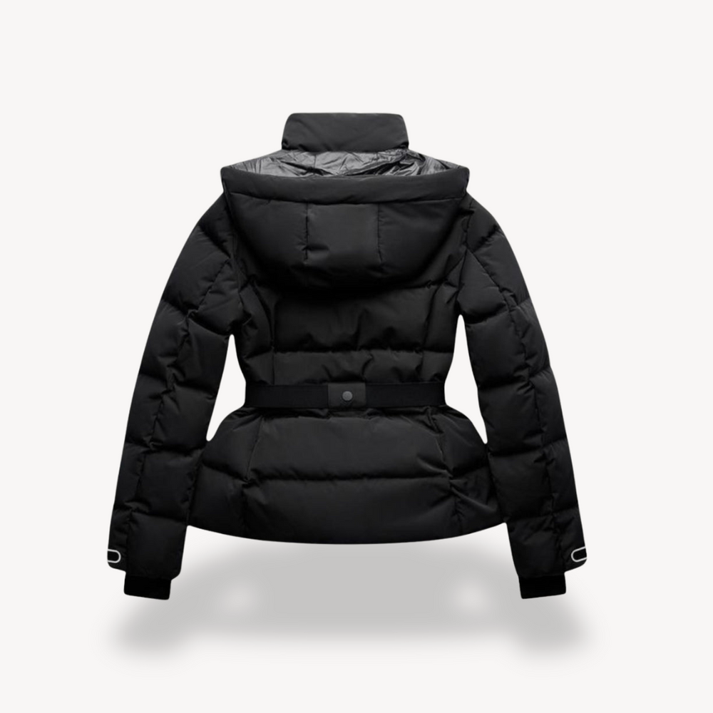 Back view of a black quilted puffer jacket with a hooded funnel neck and a cinched belted waist.