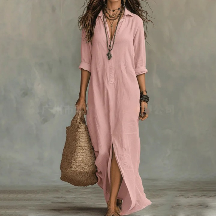 Pink linen-look maxi shirt dress with a collared neckline, button-front placket, and a side slit for easy movement.