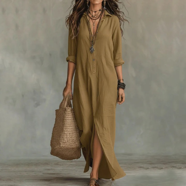 Olive green linen maxi shirt dress with a collared neckline, button-front placket, and a side slit for easy movement.