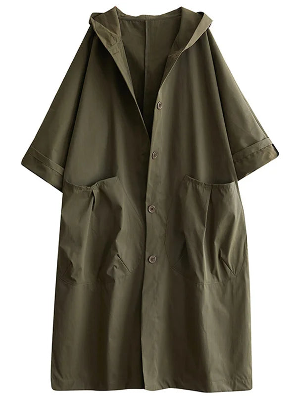 Olive green longline hooded coat with an oversized fit, button front, and large patch pockets.