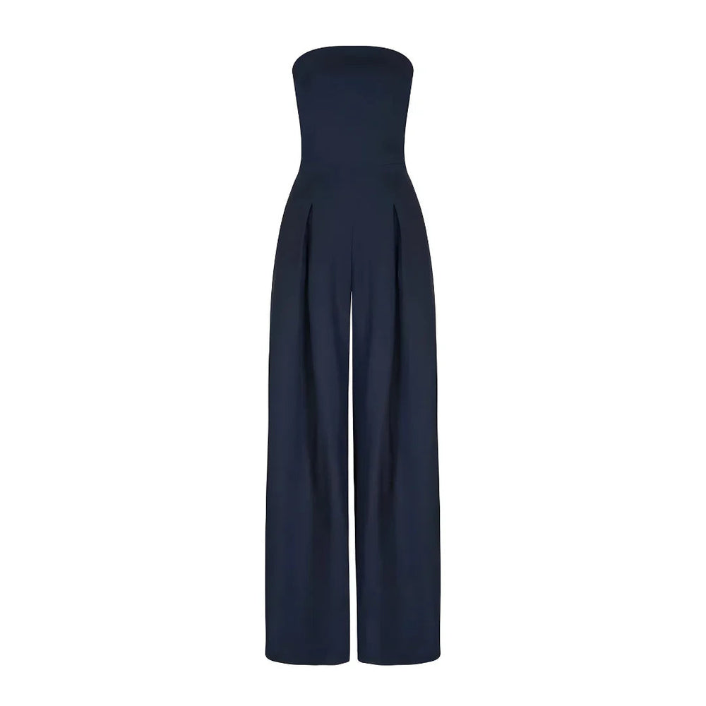 Imogen women's navy strapless wide leg jumpsuit with pleated front detail.
