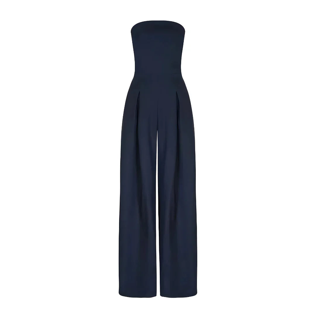 Imogen women's navy strapless wide leg jumpsuit with pleated front detail.