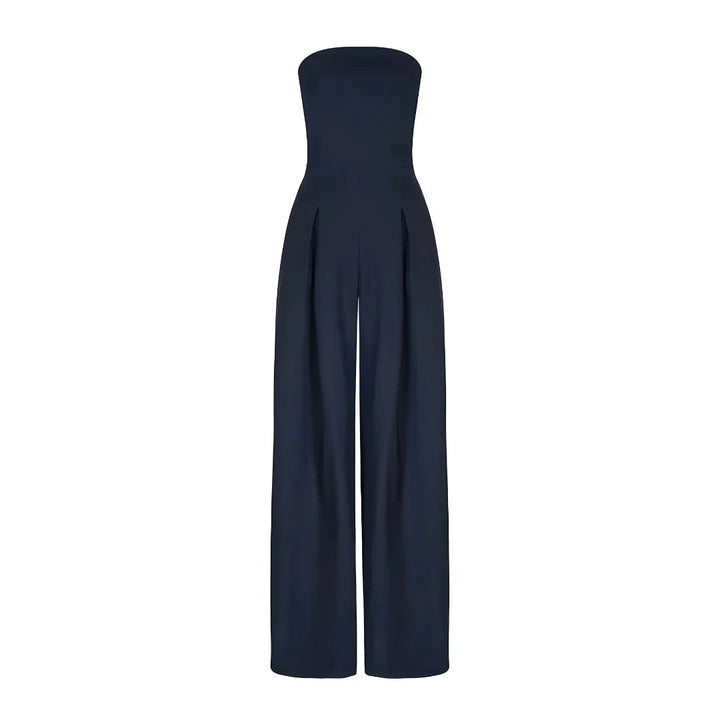 Imogen women's navy strapless wide leg jumpsuit with pleated front detail.