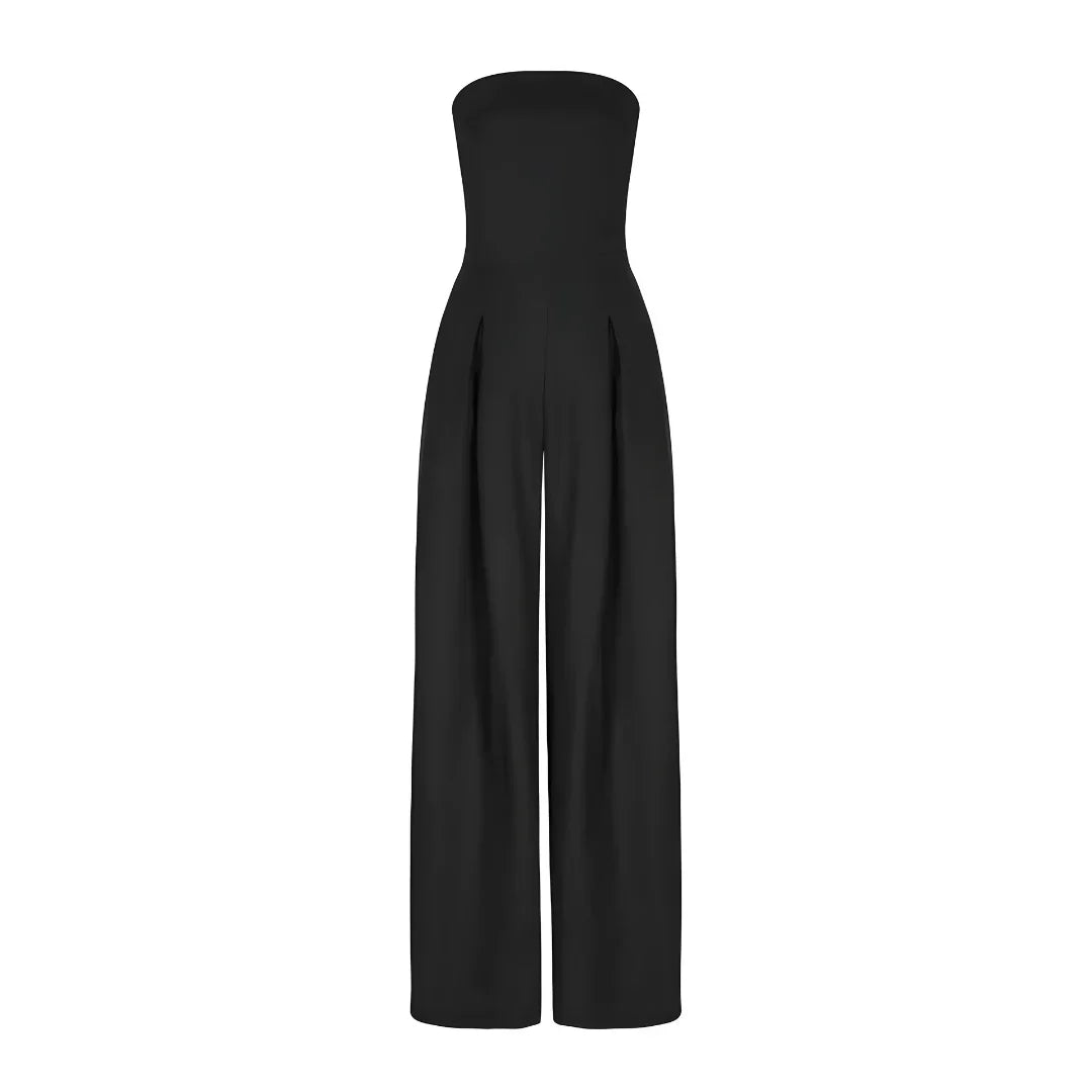 Sleek black strapless wide-leg Imogen jumpsuit with pleated front detail for an effortless, refined look.