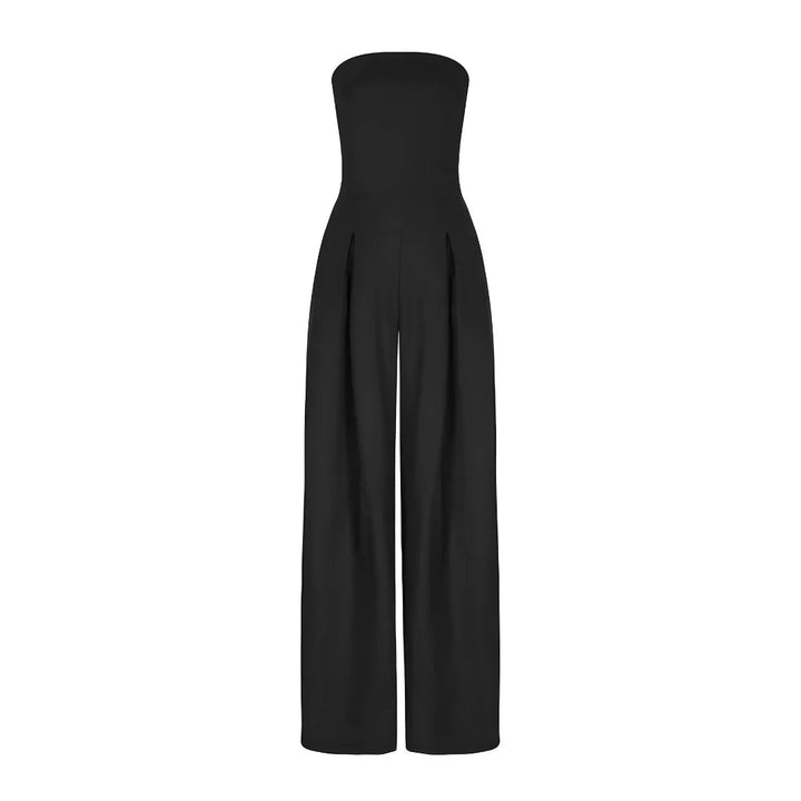 Sleek black strapless wide-leg Imogen jumpsuit with pleated front detail for an effortless, refined look.