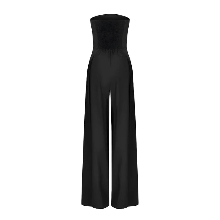 Black Imogen women's strapless wide leg jumpsuit with a shirred bodice and pleated front detail.