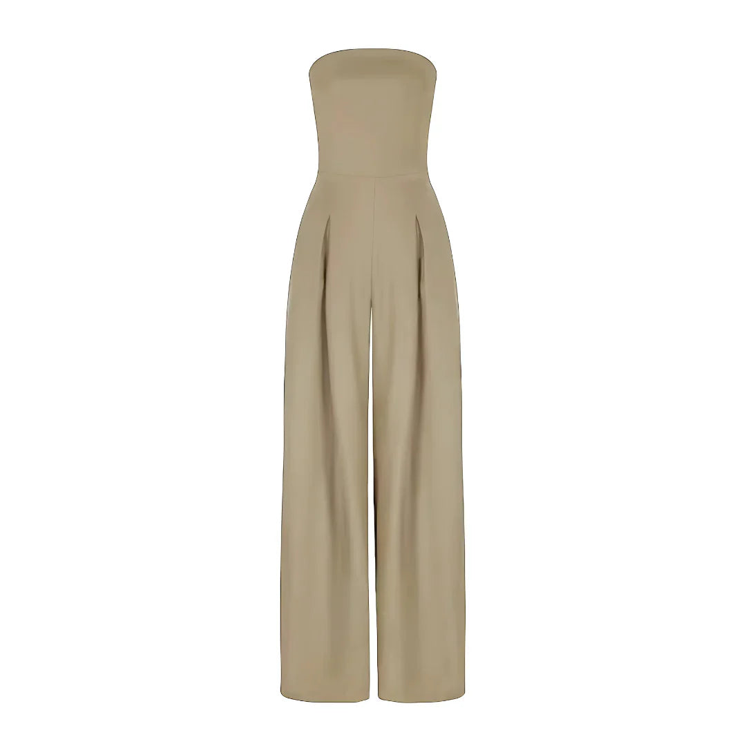 Imogen women's strapless wide-leg jumpsuit in a polished beige with pleated front detail.