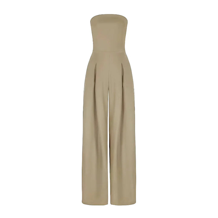 Imogen women's strapless wide-leg jumpsuit in a polished beige with pleated front detail.