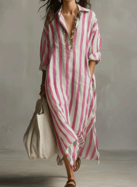 Woman wearing a relaxed, pink and white vertical striped linen maxi shirt dress with a collar and button placket.
