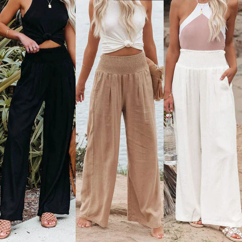 Women's Iris linen summer trousers in black, tan, and white, featuring a relaxed fit and elastic waistband.