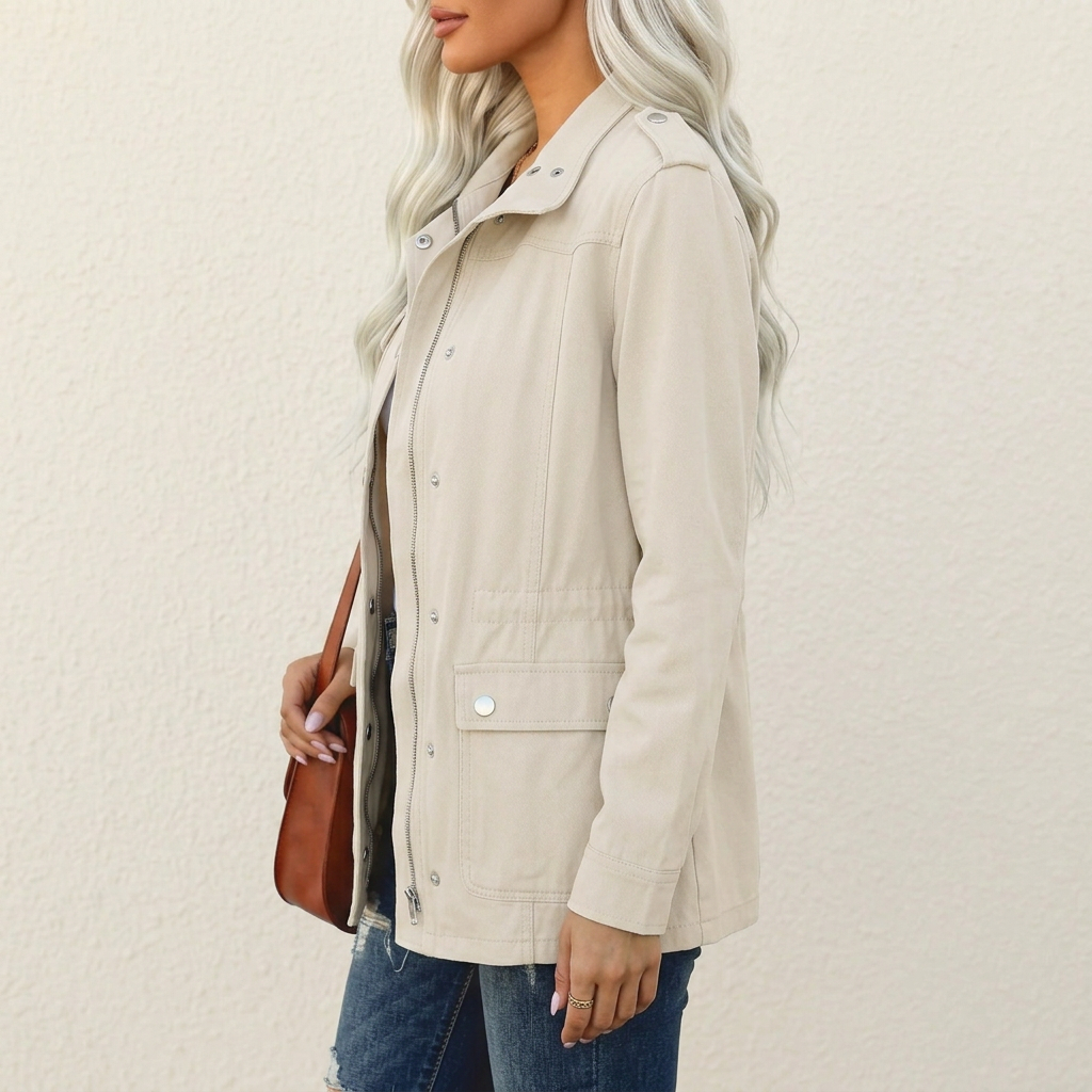 Beige utility jacket with shoulder tabs, flap pockets, and a full-length zip closure worn over blue denim jeans.