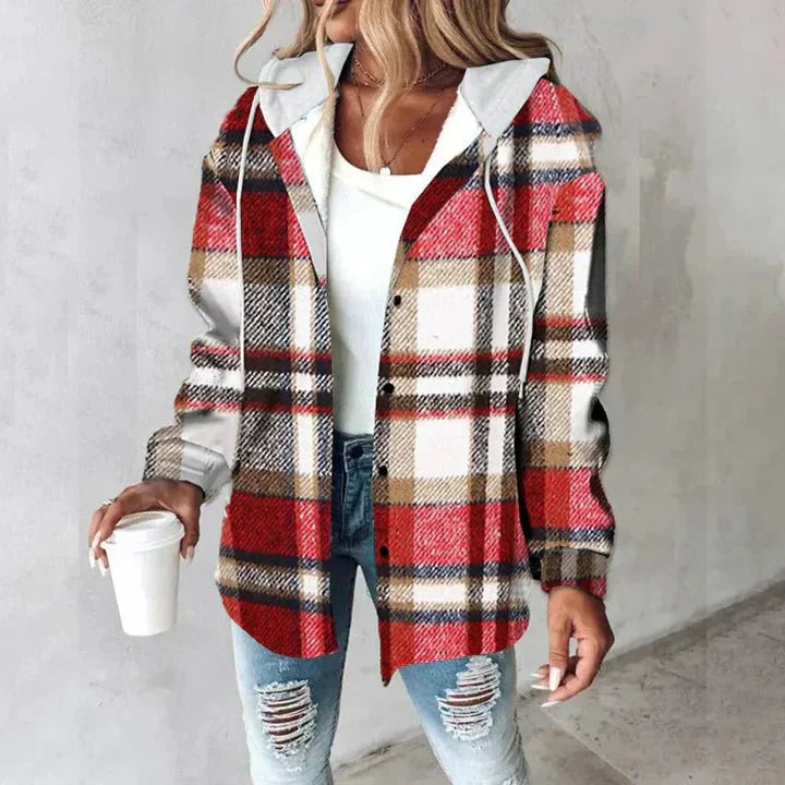 Women's red, white, and tan checked button-front jacket with a grey jersey-lined hood and relaxed fit.