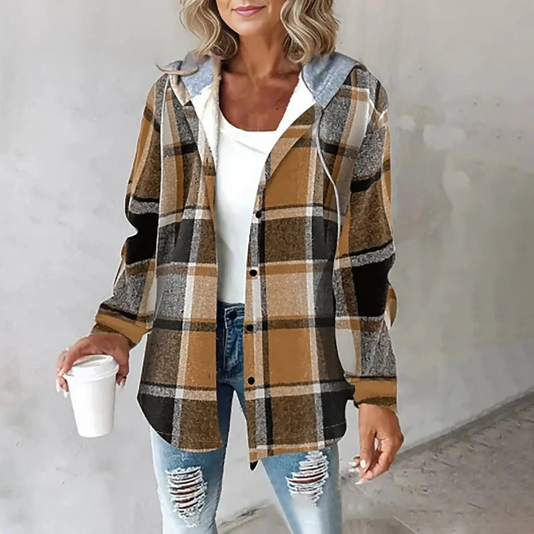 Women's brown and black checked hooded jacket with a button-front closure and soft grey jersey-lined hood.