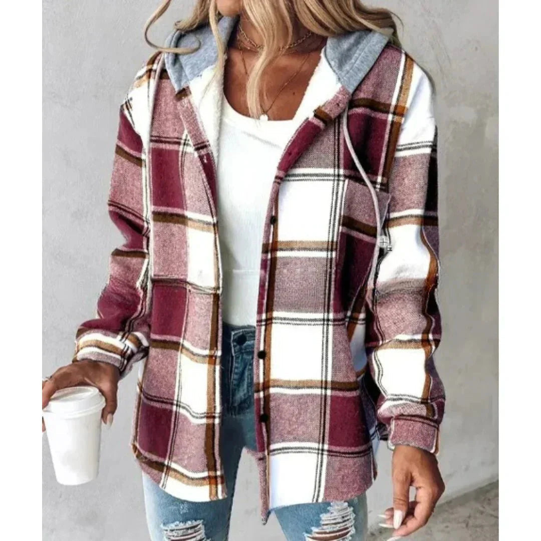 Women's relaxed-fit button-up jacket in a red and white plaid pattern with a soft grey jersey-lined hood.