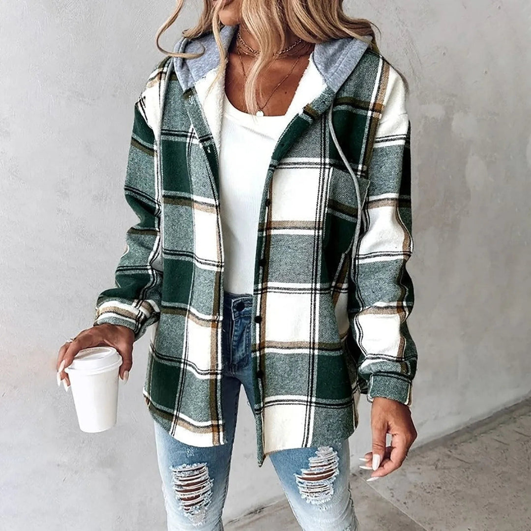 Women's green and white checked button-up jacket with a grey jersey-lined hood and relaxed fit.