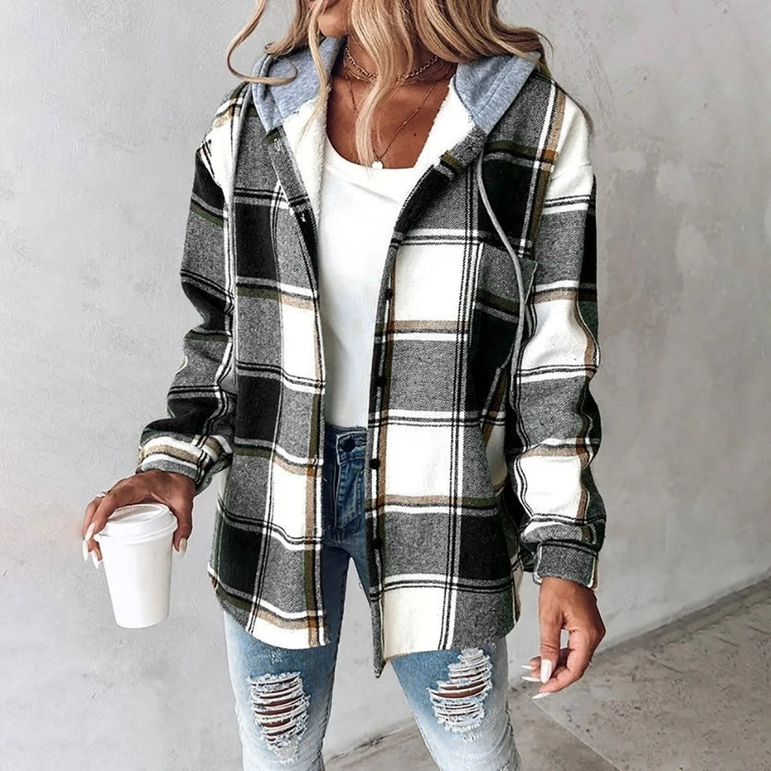 Women's relaxed-fit checked jacket in green, black, and white with a grey jersey-lined hood and button-front closure.
