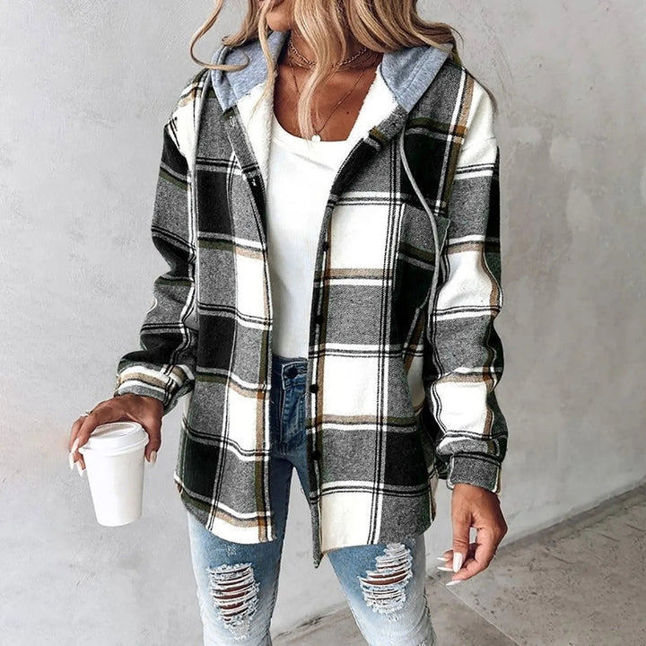 Women's relaxed-fit checked jacket in green, black, and white with a grey jersey-lined hood and button-front closure.