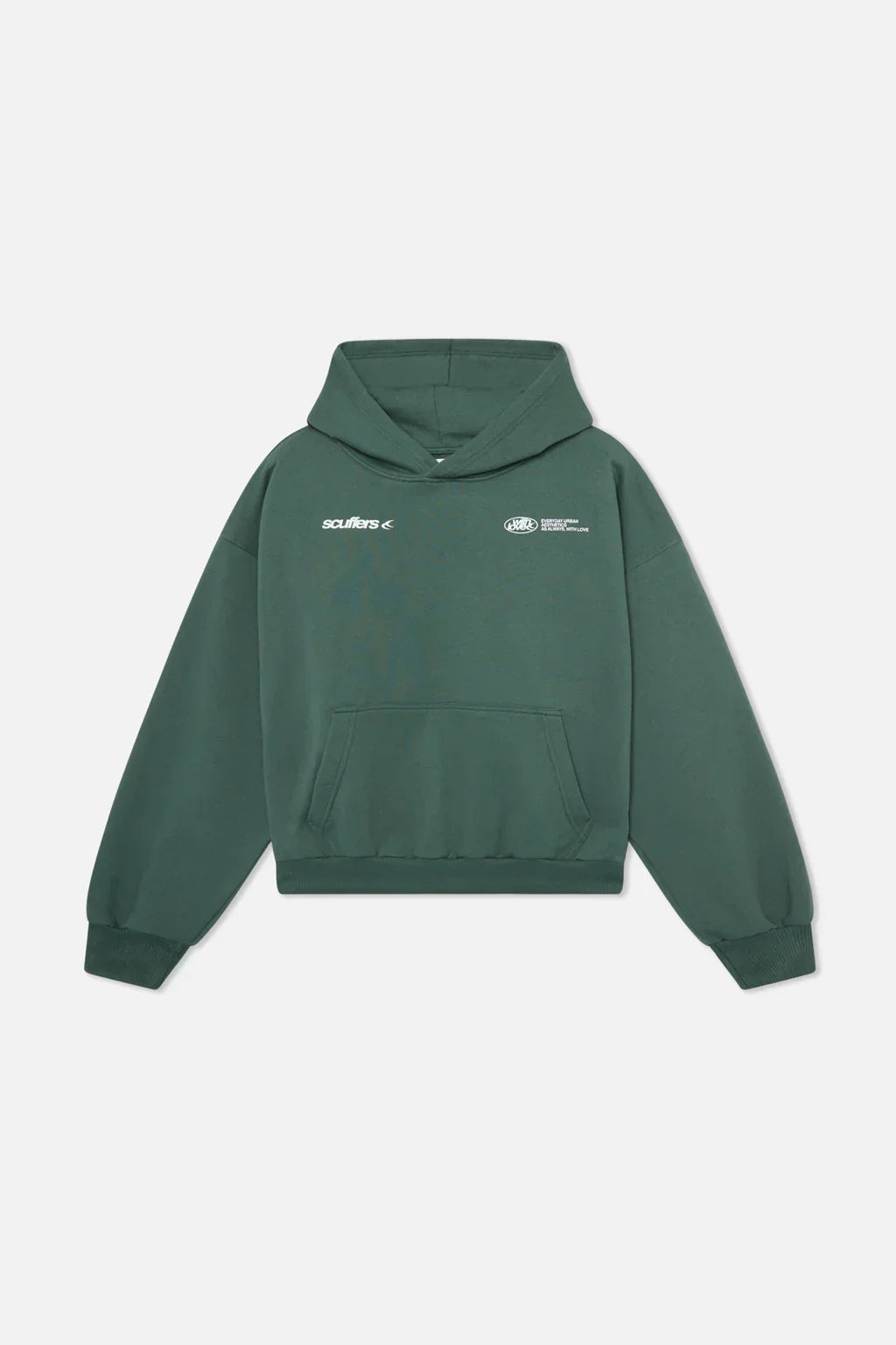 Dark green oversized pullover hoodie with a lined hood, kangaroo pocket, ribbed cuffs, and white chest logo branding.