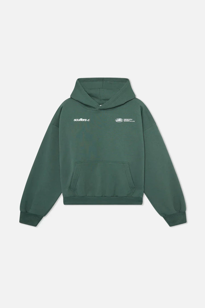 Dark green oversized pullover hoodie with a lined hood, kangaroo pocket, ribbed cuffs, and white chest logo branding.