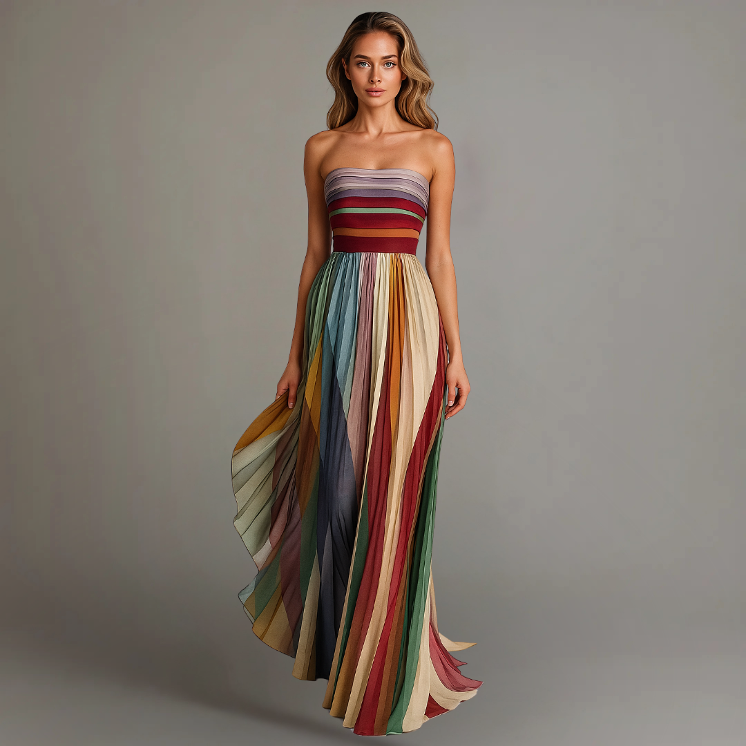 Isabelle women's strapless pleated maxi dress in vibrant, flowing multi-color stripes.