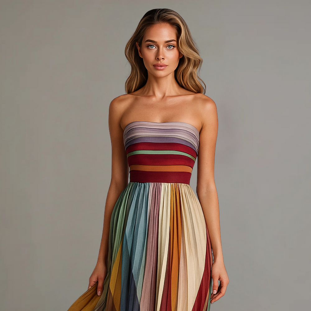 Isabelle women's strapless pleated maxi dress in vibrant, flowing multi-color stripes.